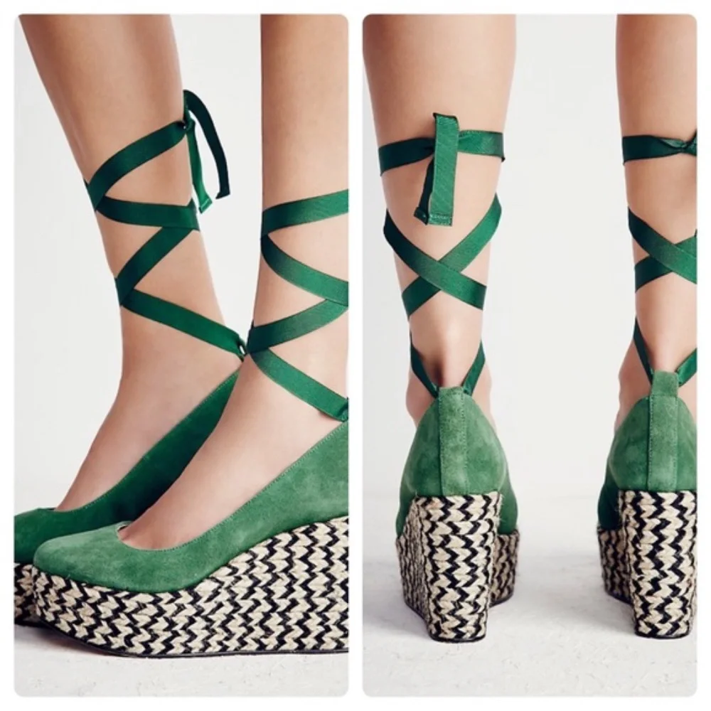 Green Lace-Up Suede Wedge Pumps